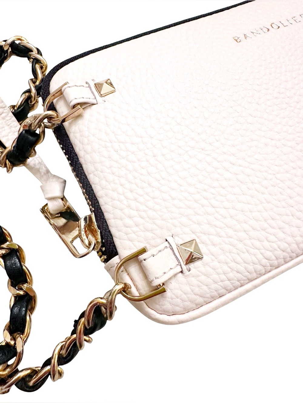 Bandolier Pebbled Leather Expanded Zip Pouch Ivory and Gold with Chain Strap - Picture 4 of 11